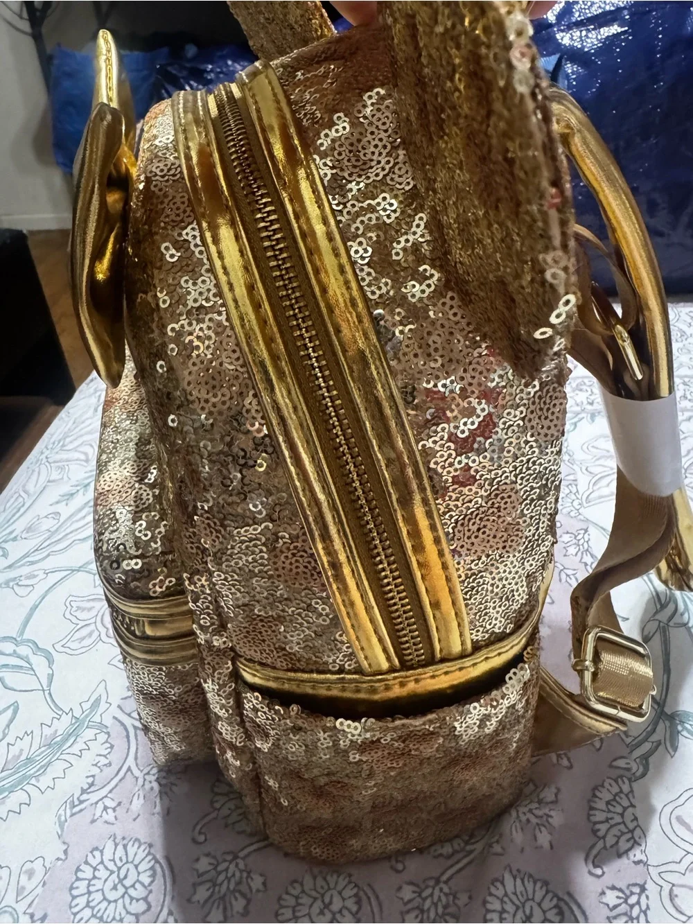 Disney Gold Sequin Minnie Ear Mini Backpack with Metallic Bow